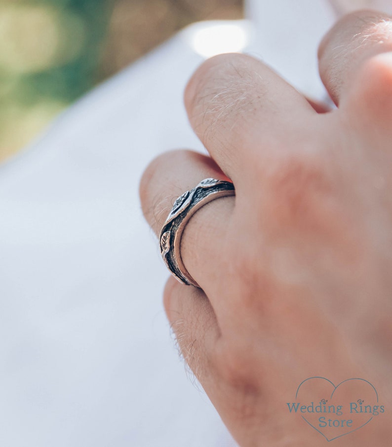 Tree & Leaves – Woodbark Silver Wedding Ring for Him and Her