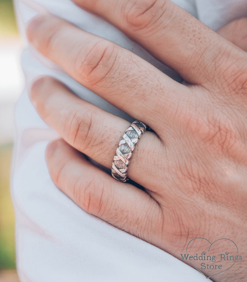 Cross and Tree bark textured Unique Silver Wedding Band