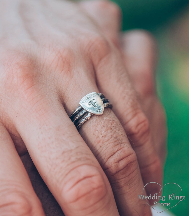 Unique Silver Men's Shield Ring with a Personalized Letter