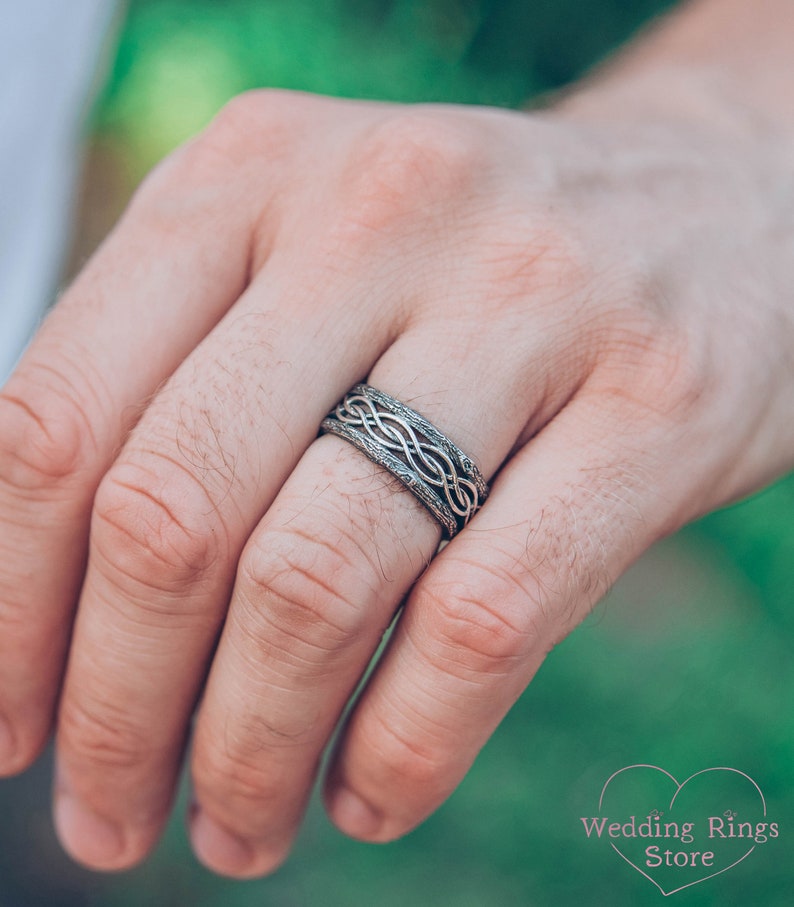 Silver Tree bark and Wavy lines Braided Wedding Band