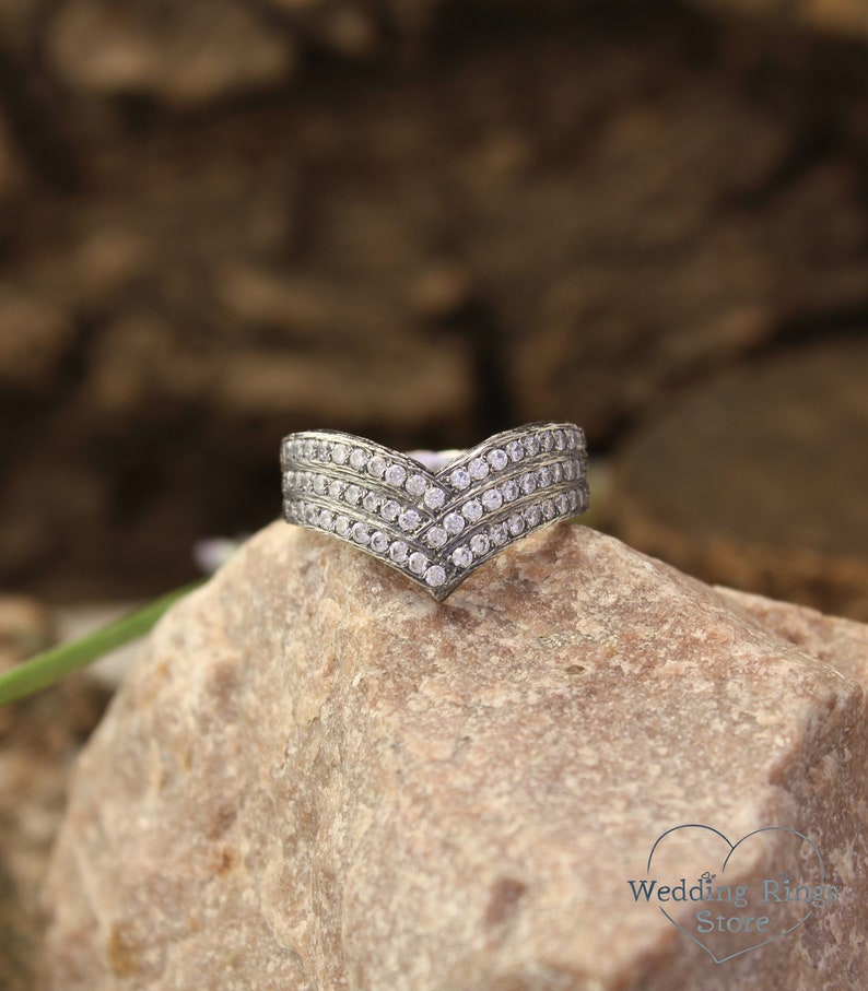 Massive Women's Chevron Wedding Band with White Stones