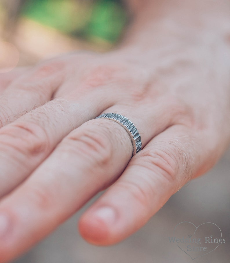 Rustic Men's Wedding Band with Silver Wood bark texture