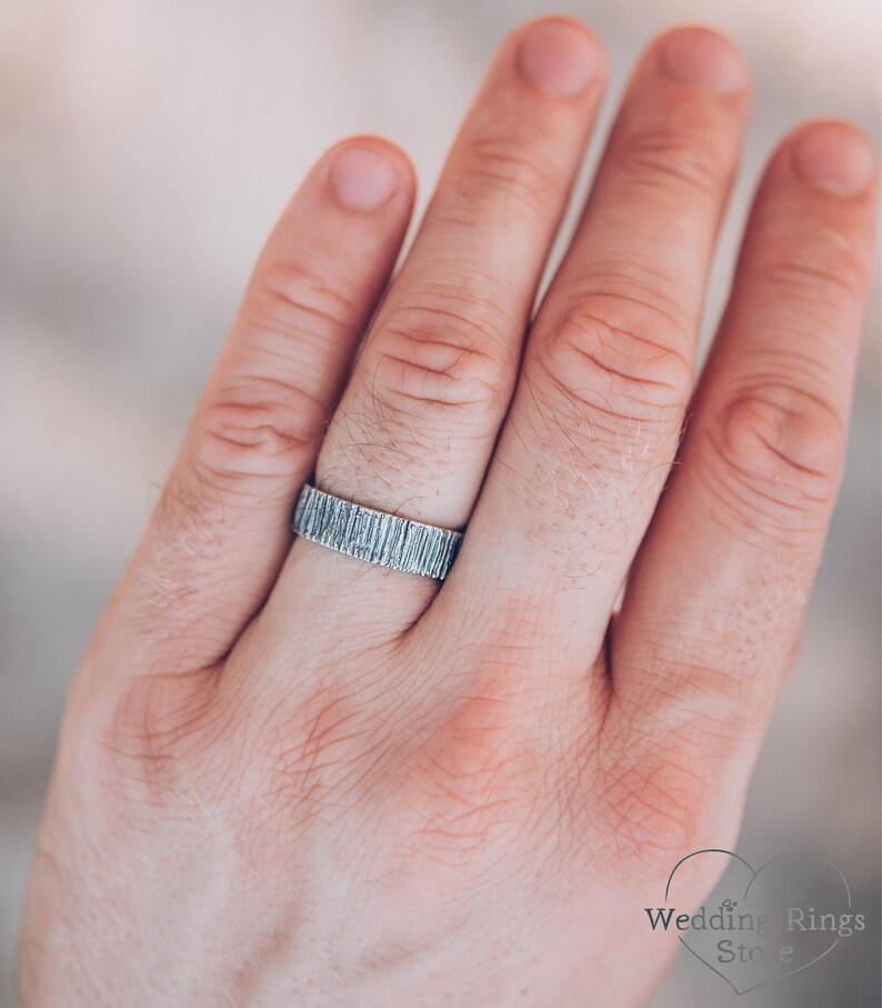 Rustic Men's Wedding Band with Silver Wood bark texture