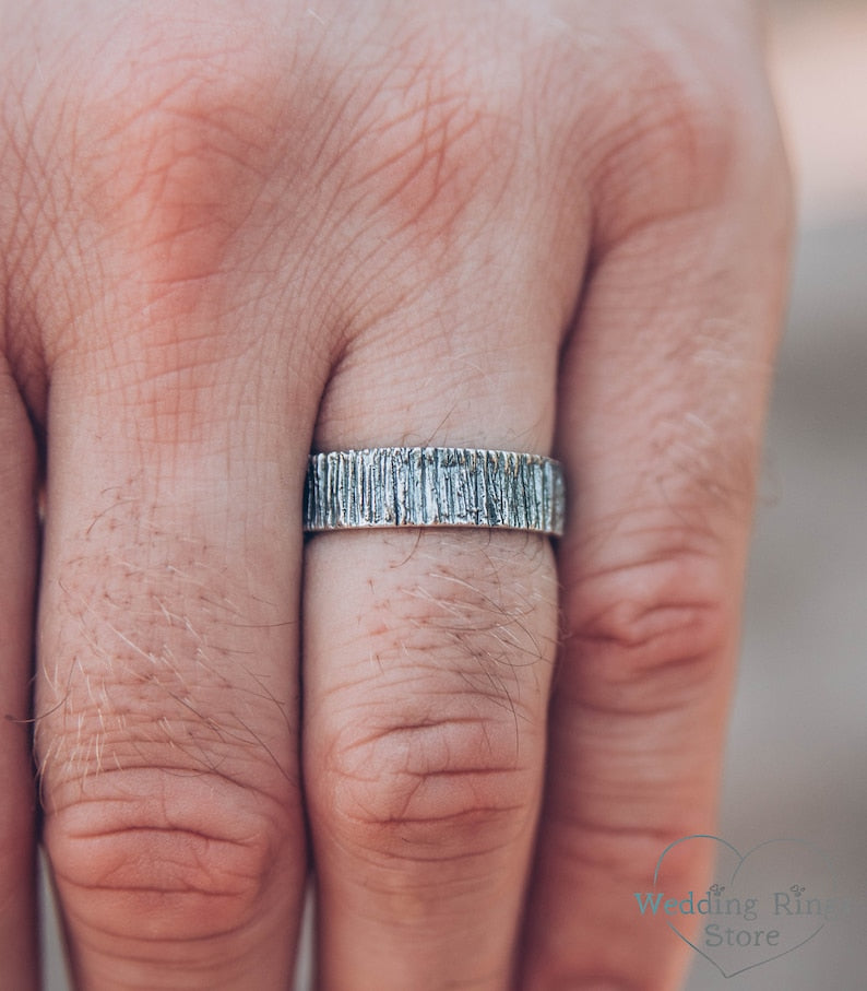 Rustic Men's Wedding Band with Silver Wood bark texture