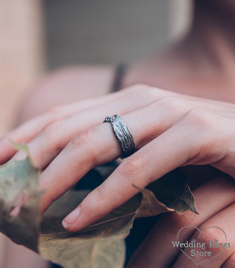 Sterling Silver Tree bark Wide Wedding Band with Garnets