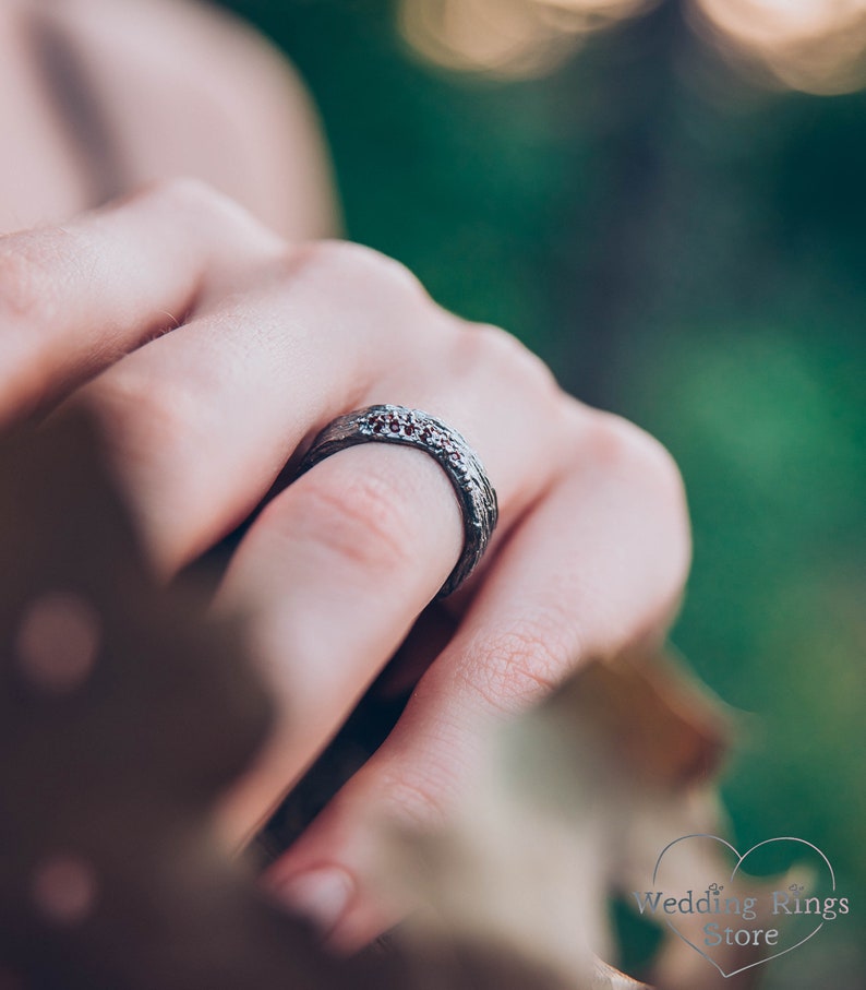 Sterling Silver Tree bark Wide Wedding Band with Garnets