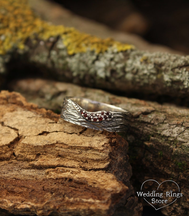 Sterling Silver Tree bark Wide Wedding Band with Garnets