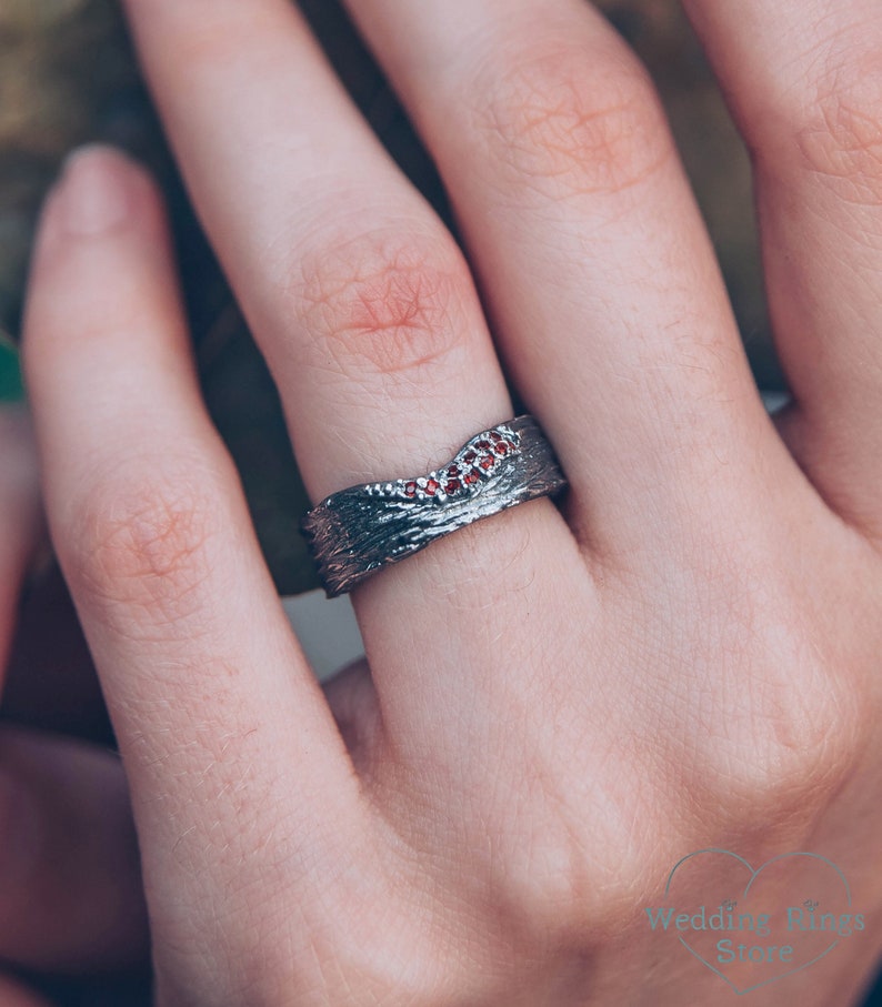 Sterling Silver Tree bark Wide Wedding Band with Garnets