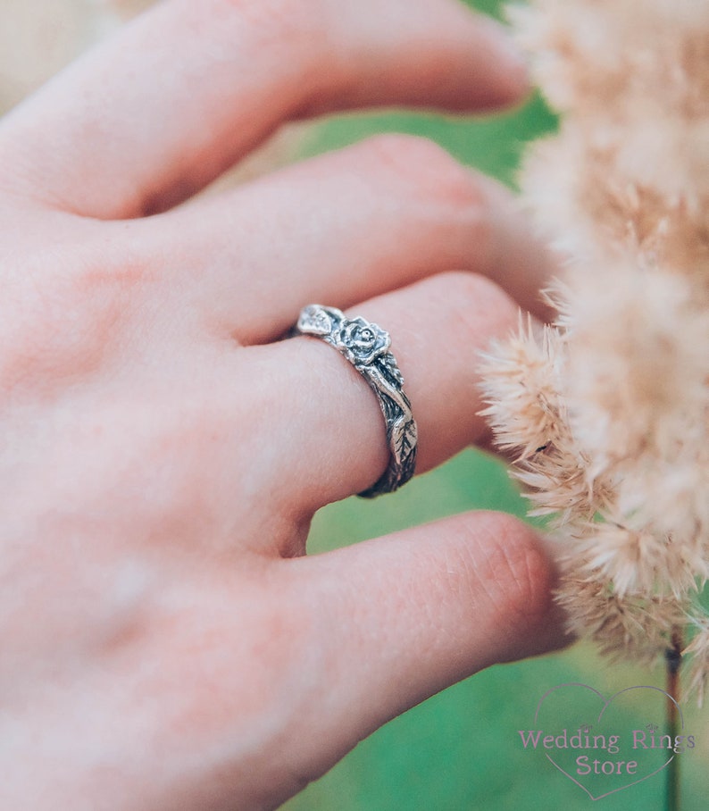 Nature Silver Rose birth flower on a Tiny Branch Ring for Her