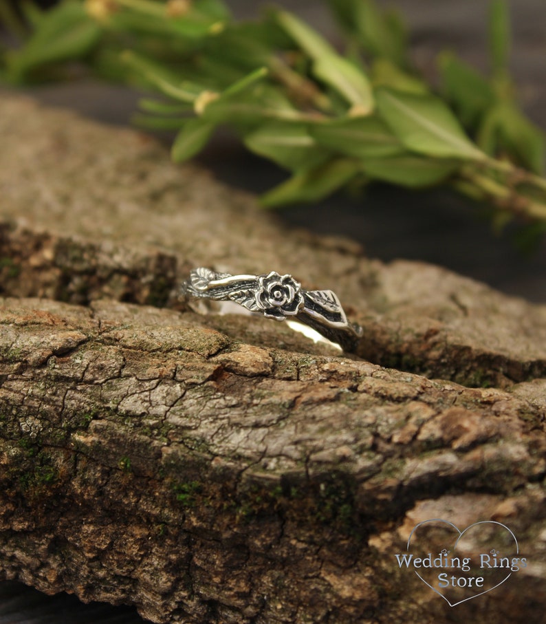 Nature Silver Rose birth flower on a Tiny Branch Ring for Her