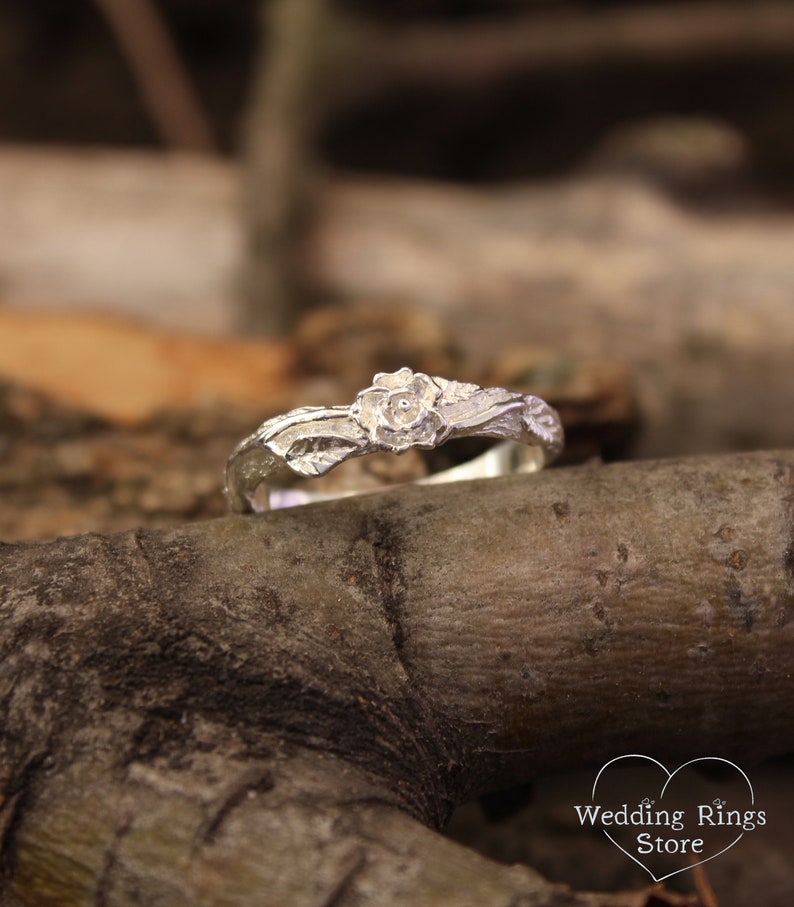 Nature Silver Rose birth flower on a Tiny Branch Ring for Her