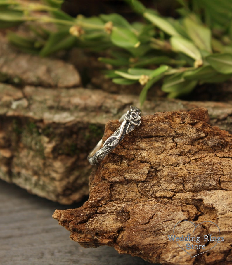 Nature Silver Rose birth flower on a Tiny Branch Ring for Her