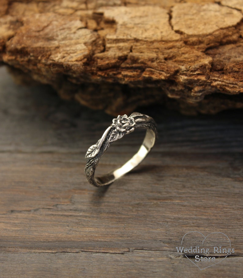 Nature Silver Rose birth flower on a Tiny Branch Ring for Her