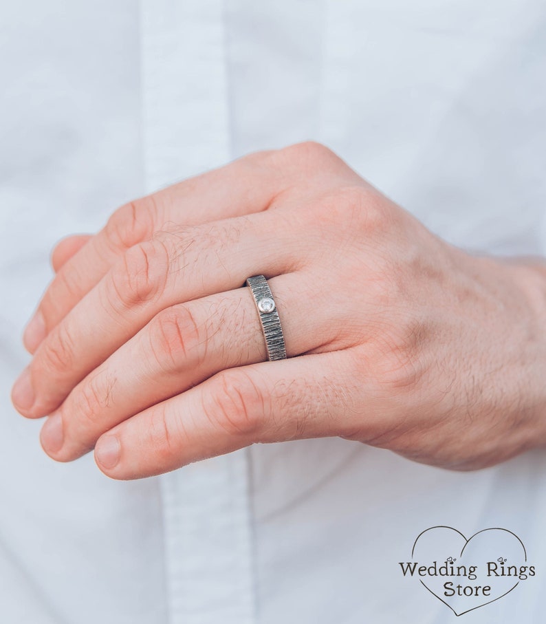 Diamond and Tree bark textured Silver Nature Wedding Ring