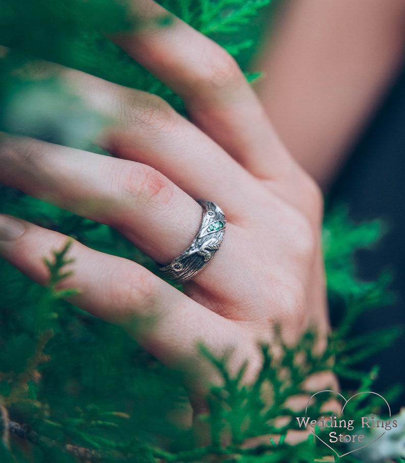 Rustic Style Silver Branch Ring band & Emeralds in Leaves