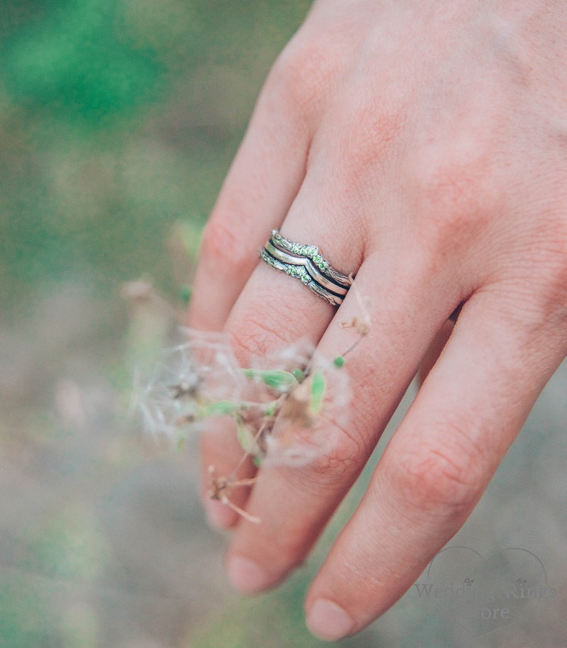 Silver Chevron Wedding Ring with Cute Tiny Emeralds