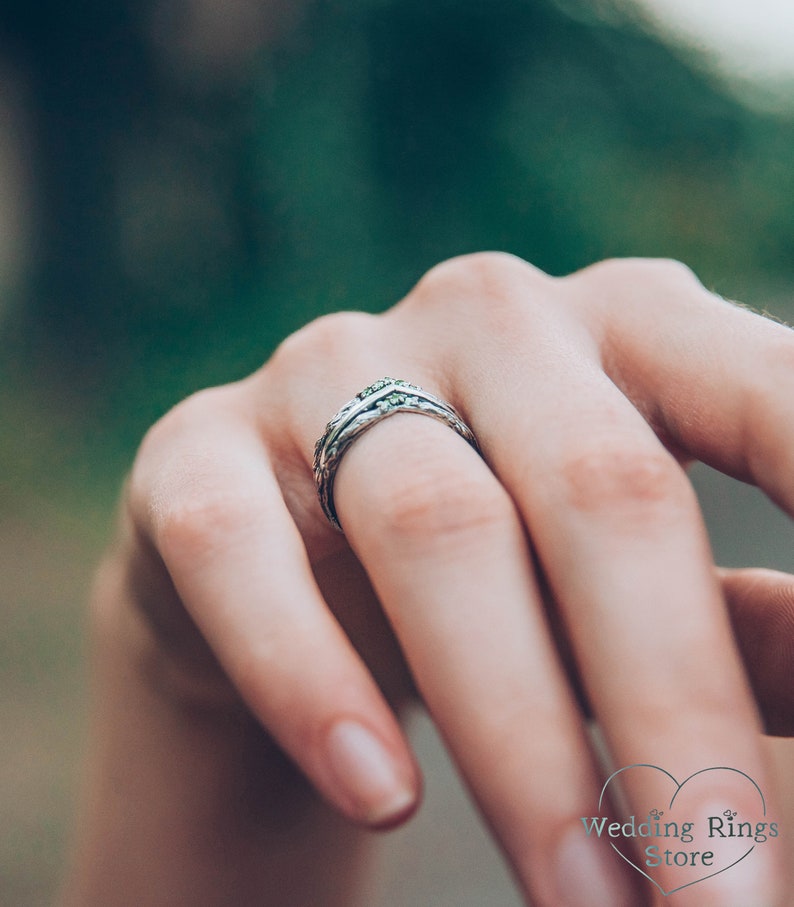 Silver Chevron Wedding Ring with Cute Tiny Emeralds