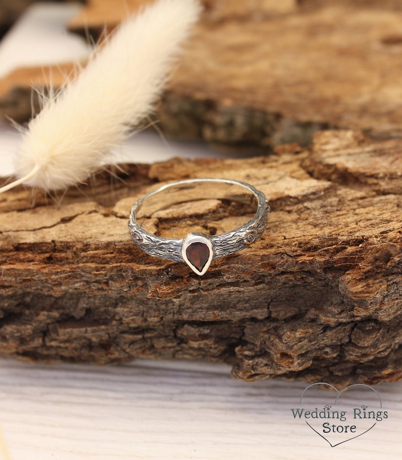 Pear cut Garnet Ring with Sterling Silver Tree bark