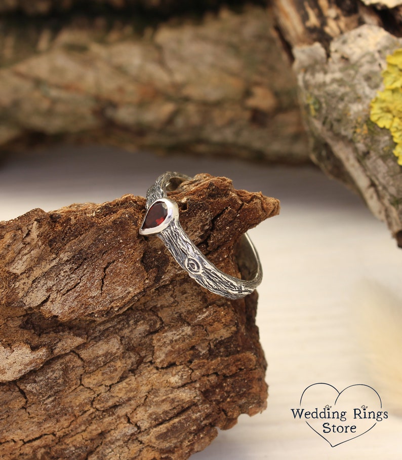 Pear cut Garnet Ring with Sterling Silver Tree bark