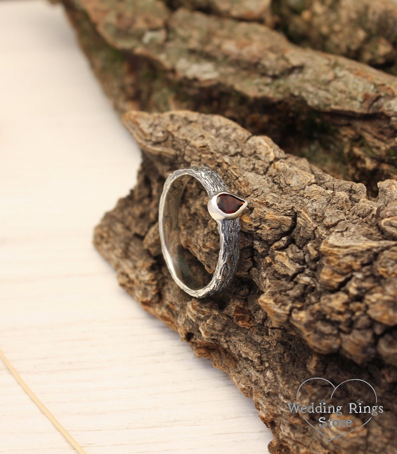 Pear cut Garnet Ring with Sterling Silver Tree bark