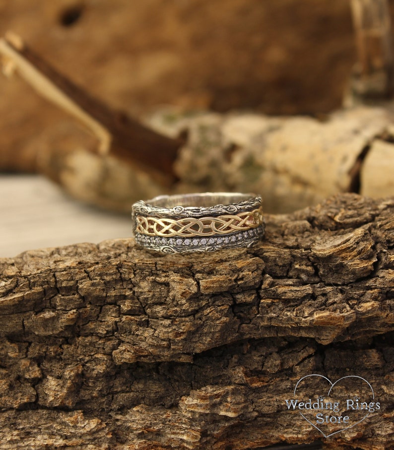 Silver Celtic and Tree Wedding Band with in 14k Solid Yellow Gold