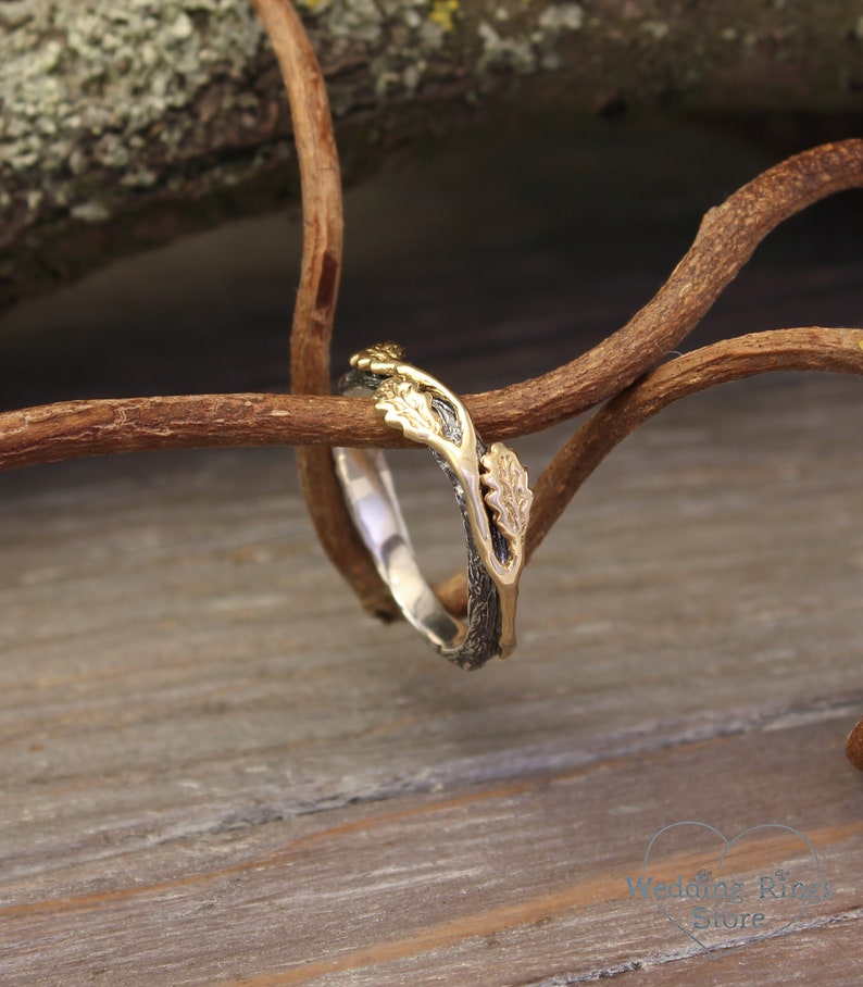 Women's Gold Oak Leaves and Wood style Silver Ring