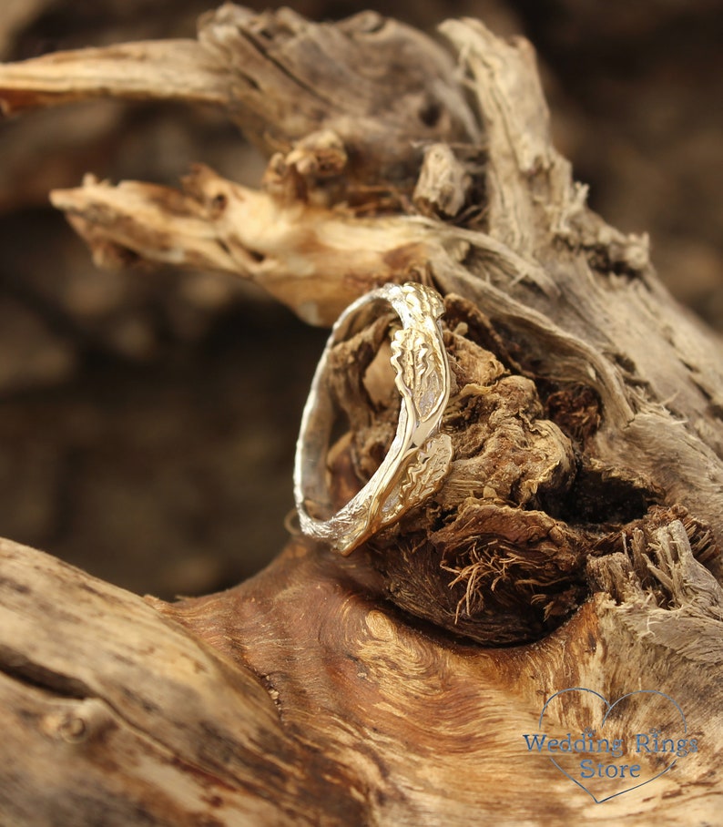 Women's Gold Oak Leaves and Wood style Silver Ring