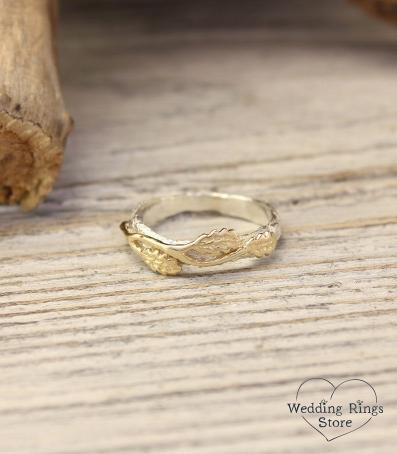 Women's Gold Oak Leaves and Wood style Silver Ring