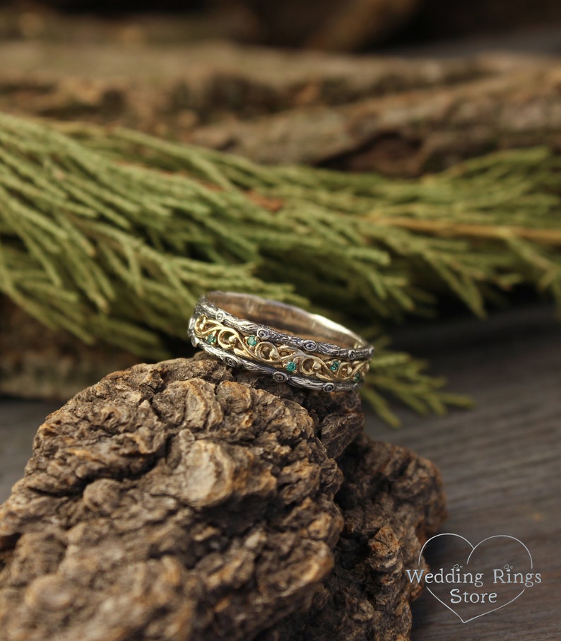 Emeralds with Silver Branch & Gold Vine Ring in Vintage style