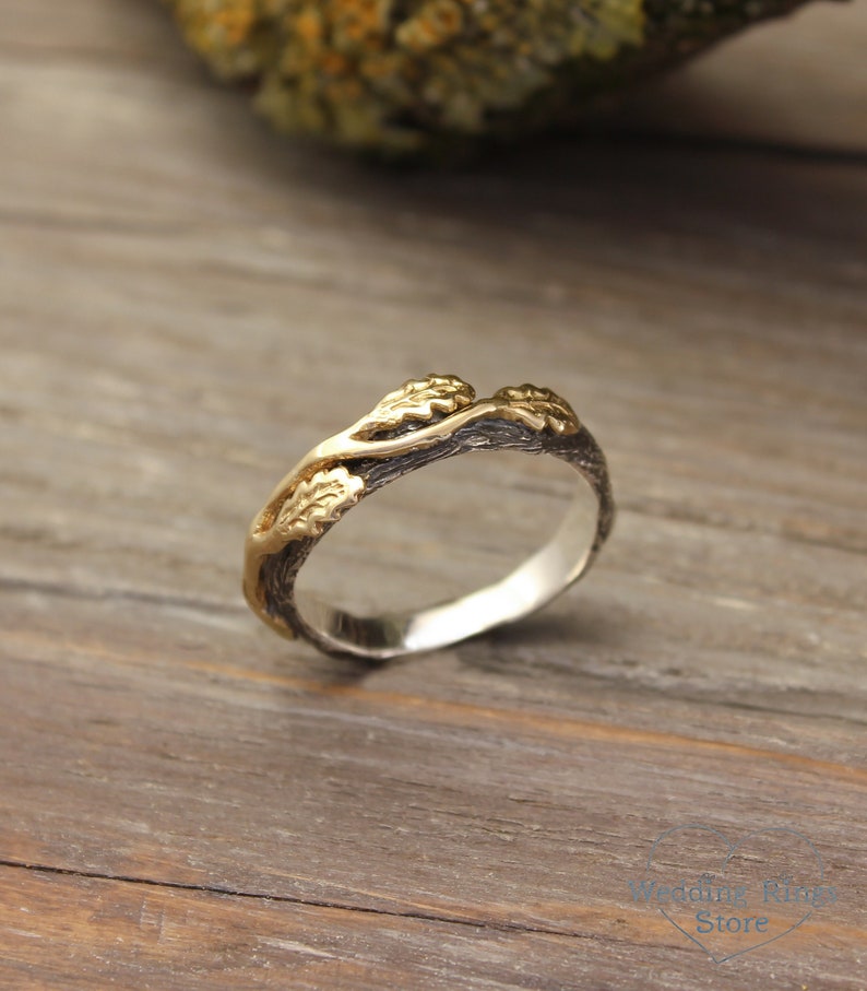 Women's Gold Oak Leaves and Wood style Silver Ring