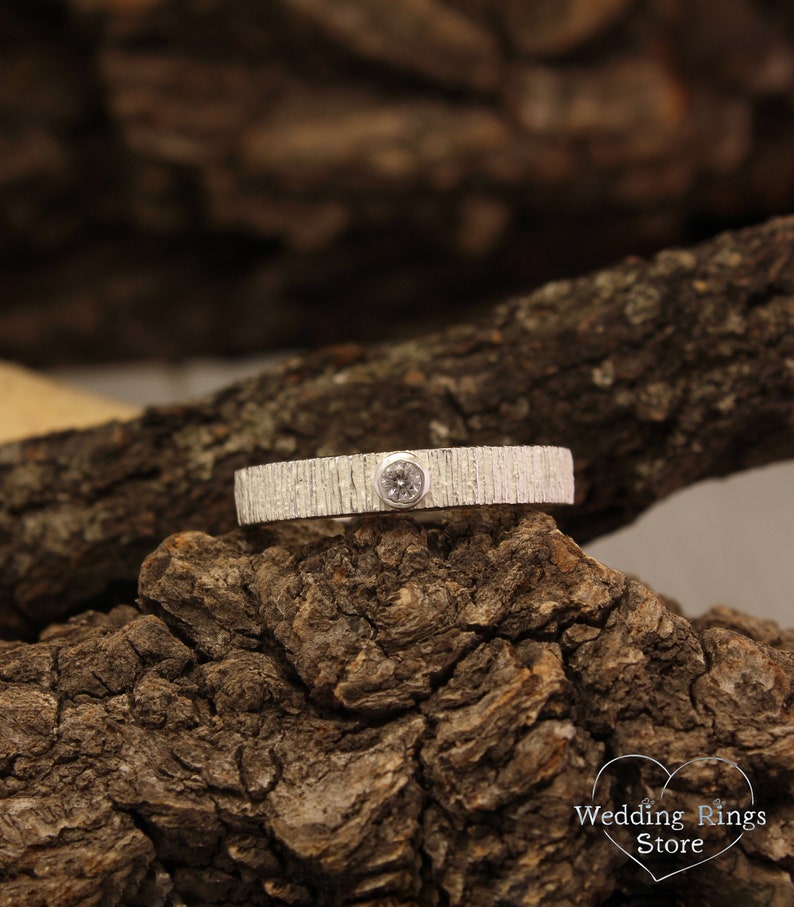 Diamond and Tree bark textured Silver Nature Wedding Ring