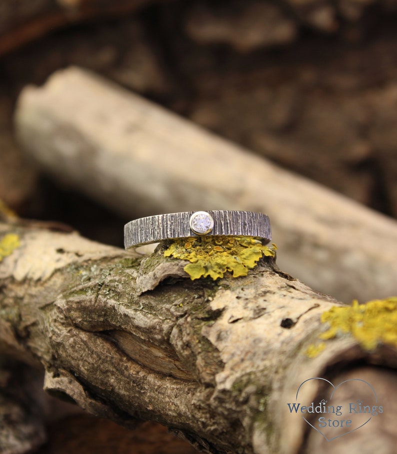 Diamond and Tree bark textured Silver Nature Wedding Ring