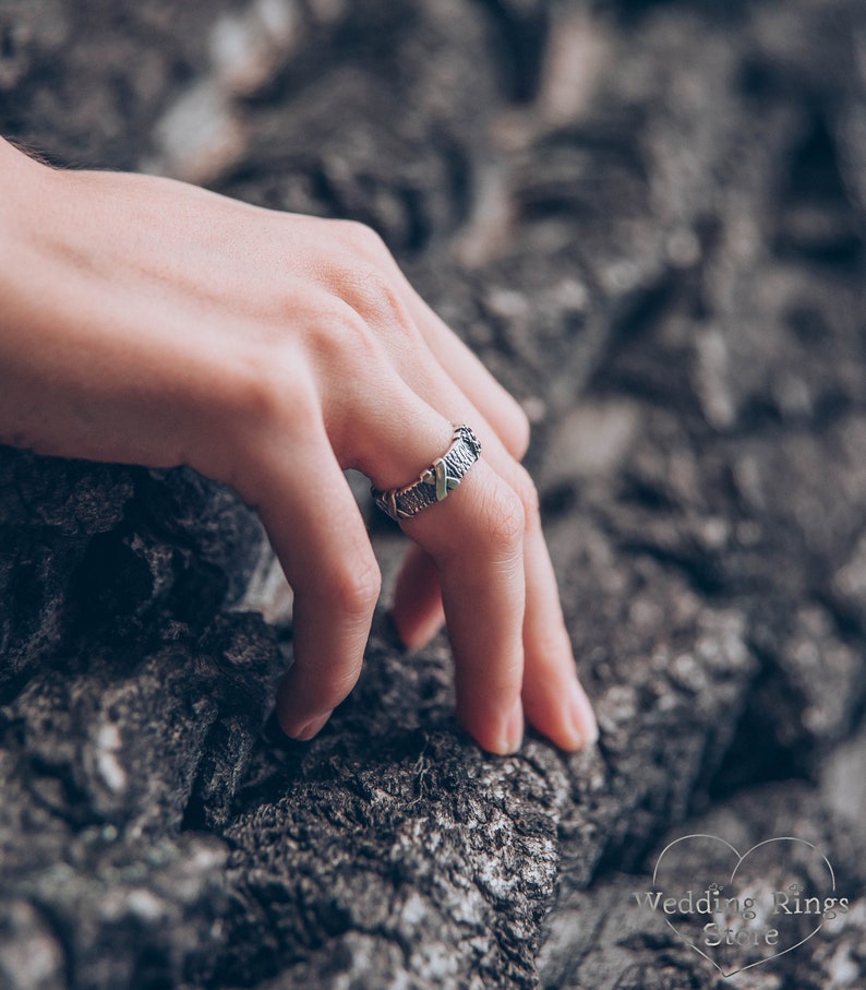 Silver Tree bark with cross Garnets Ring for Men and Women