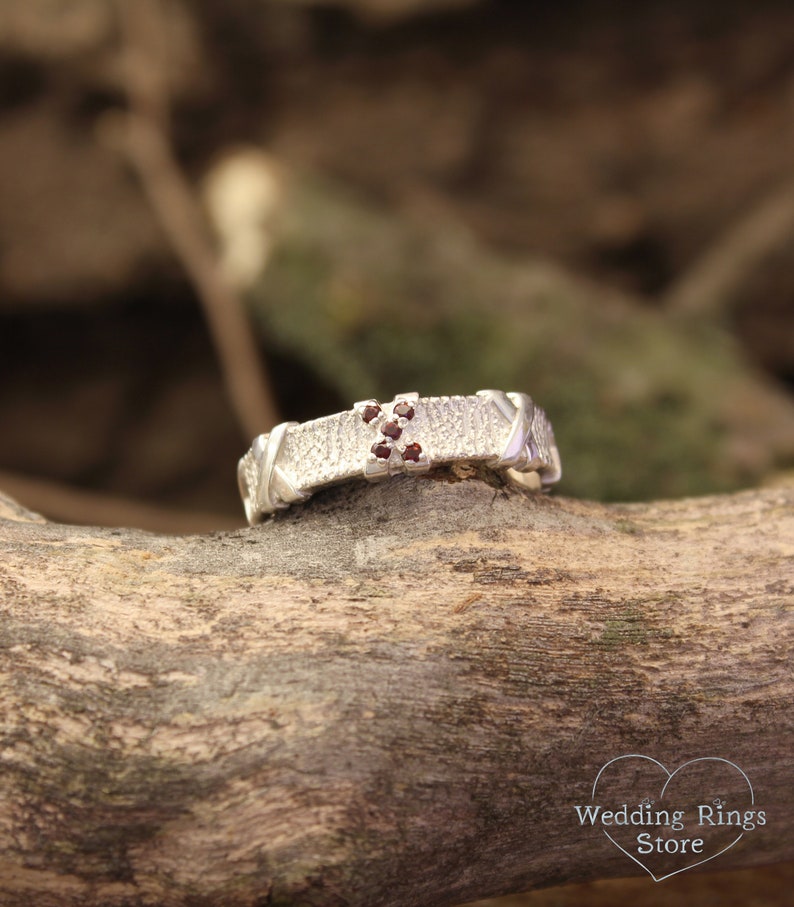 Silver Tree bark with cross Garnets Ring for Men and Women