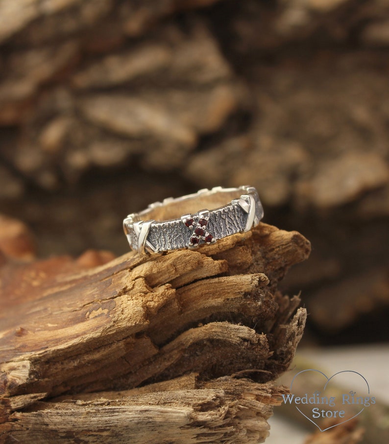 Silver Tree bark with cross Garnets Ring for Men and Women