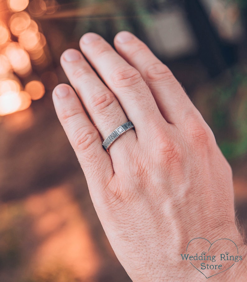 Simple Diamond Men's Wedding Ring band with Tree bark texture