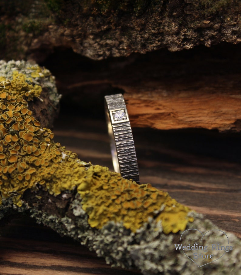 Simple Diamond Men's Wedding Ring band with Tree bark texture