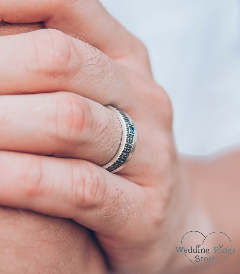 Silver two-level Sapphire Ring with Classic Strip and Tree bark