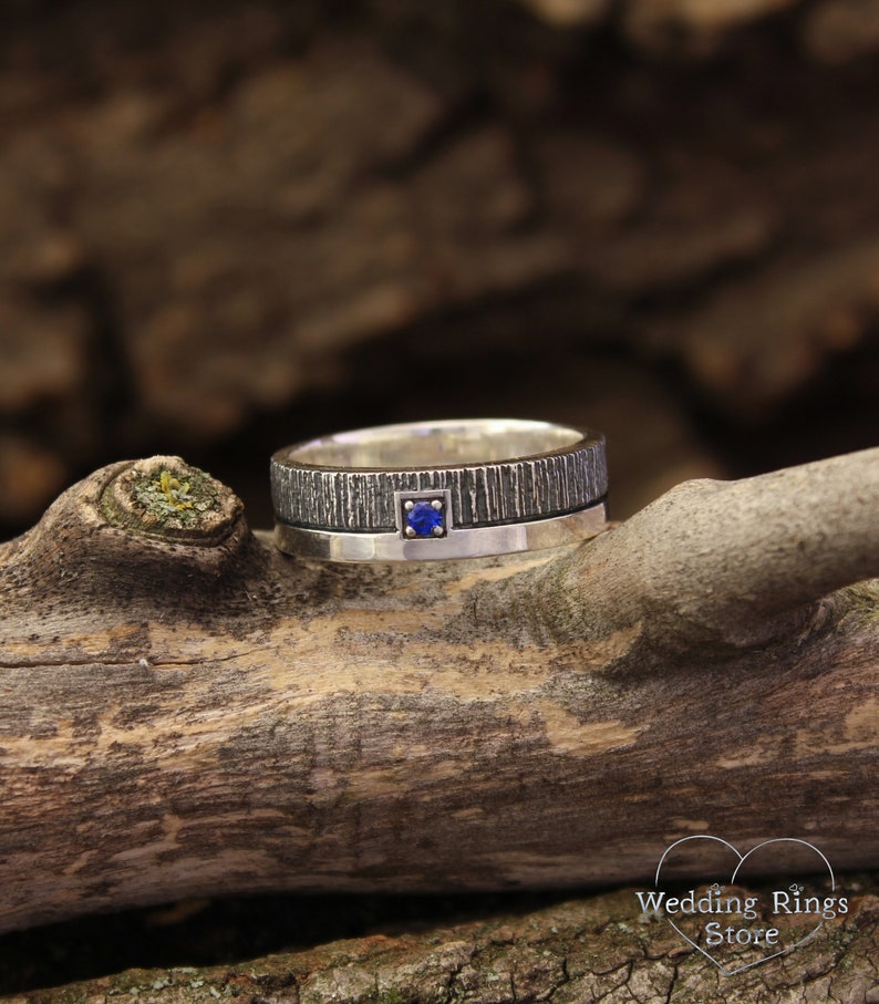 Silver two-level Sapphire Ring with Classic Strip and Tree bark