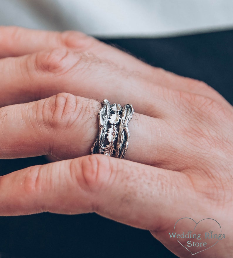 Heavy Men's Silver Band Ring with Tree bark and oak Leaves