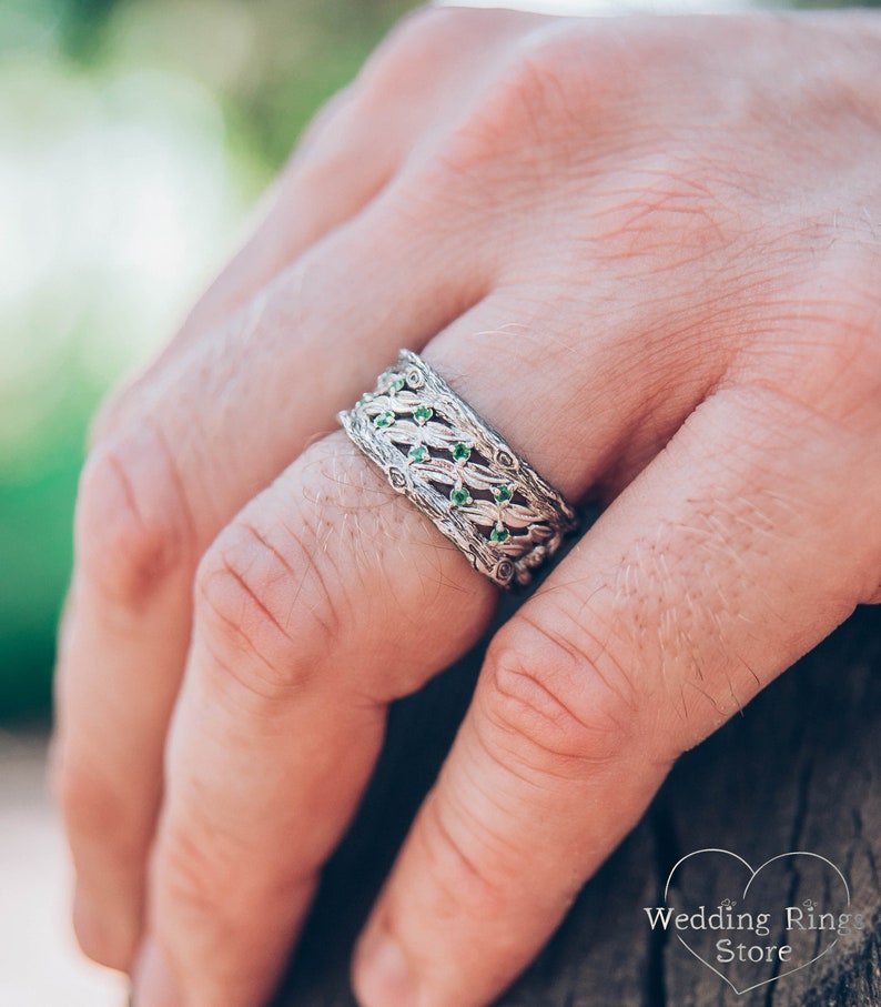 Silver Leaves and Branch Statement Wedding Band with Emeralds