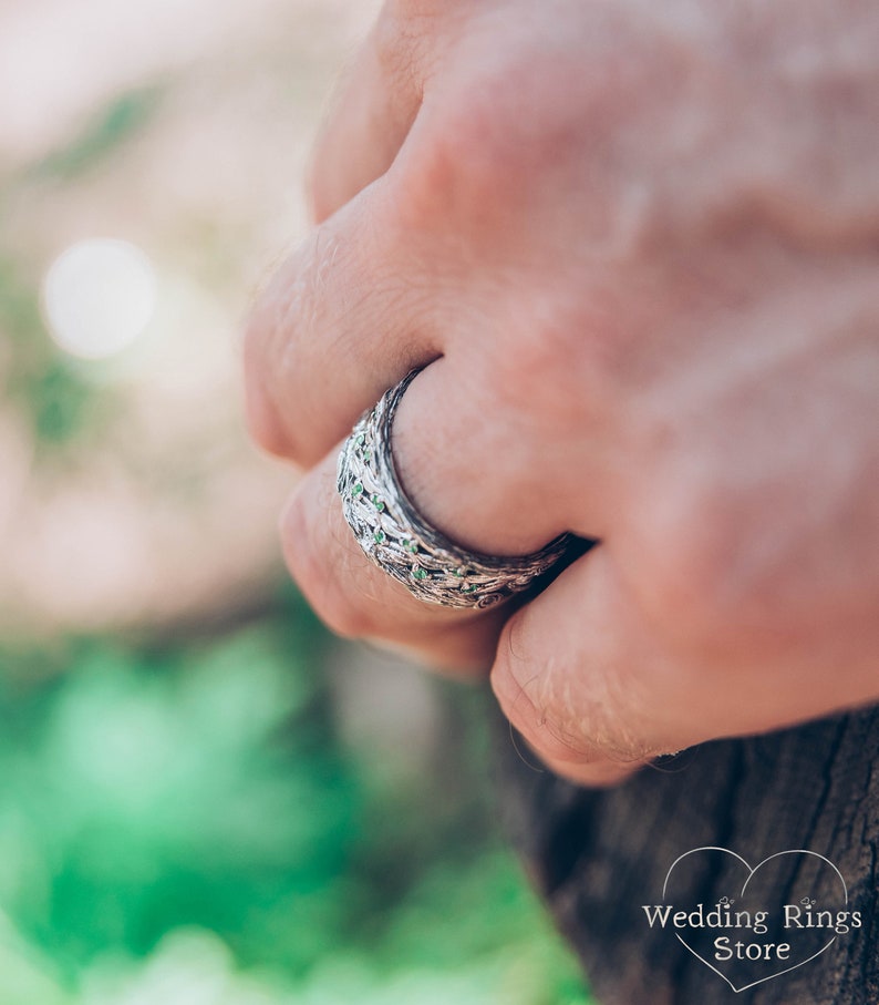 Silver Leaves and Branch Statement Wedding Band with Emeralds