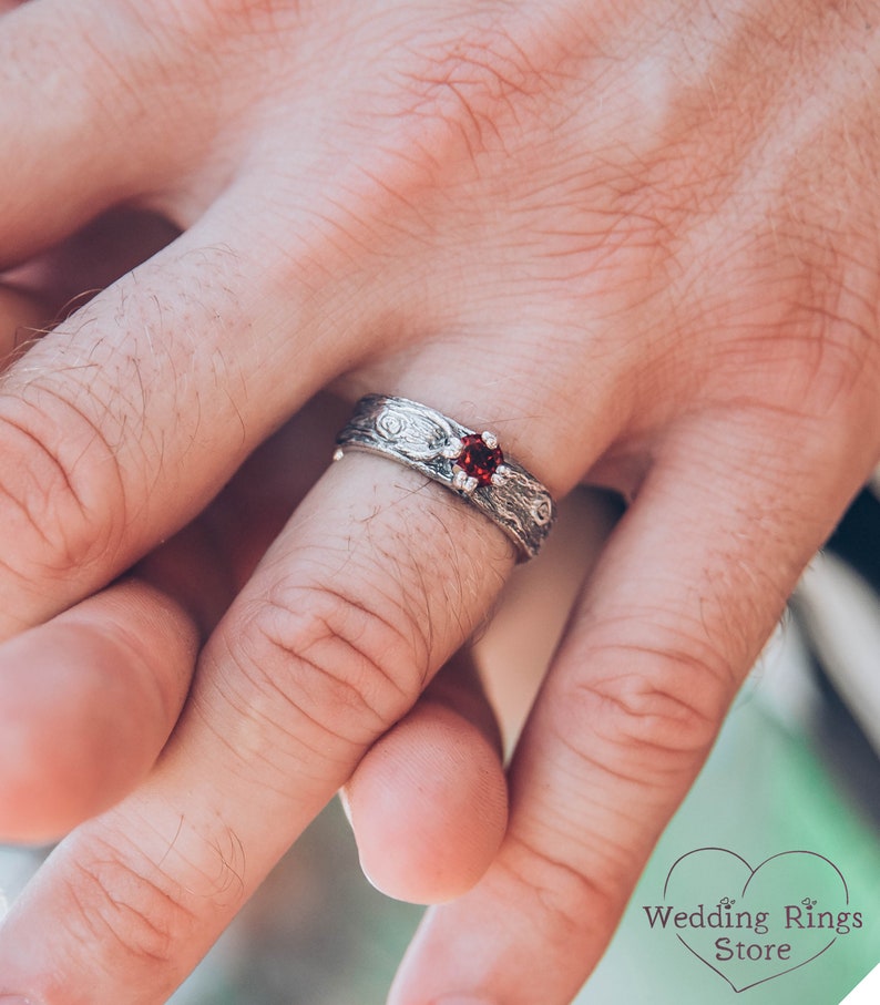 Rustic Wild Nature Silver Tree bark Garnet Ring