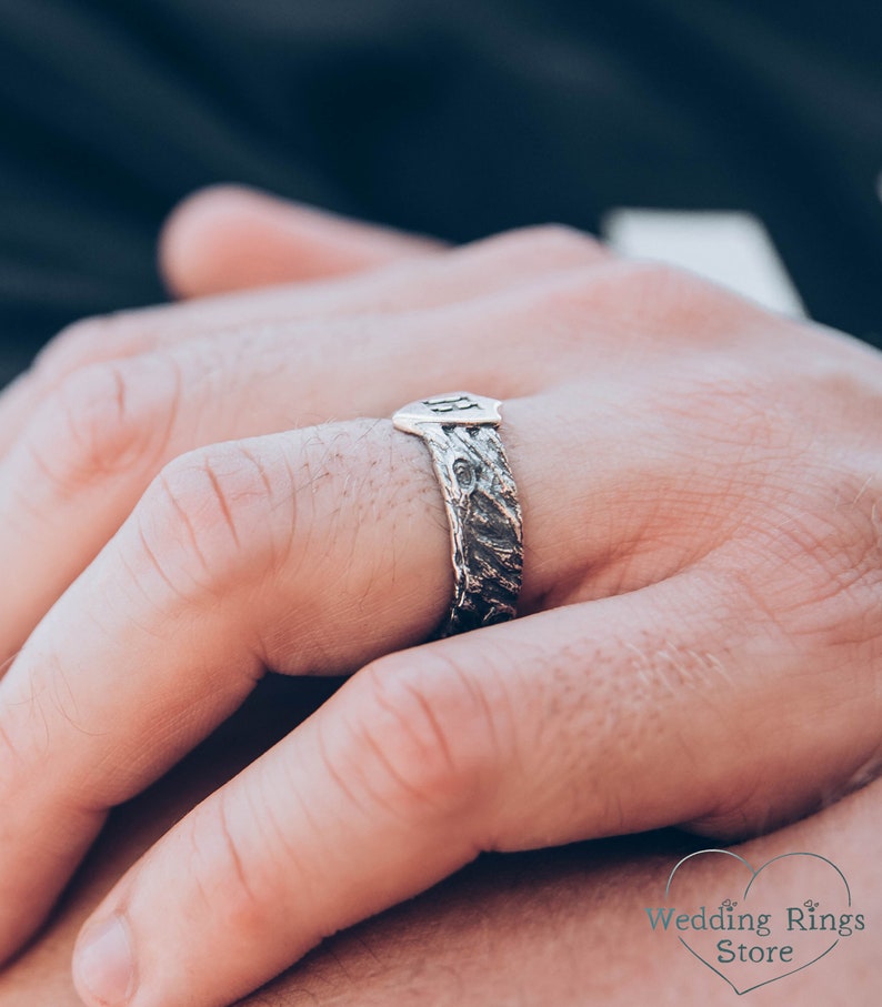 Unique Mens initial Ring with Shield in Silver