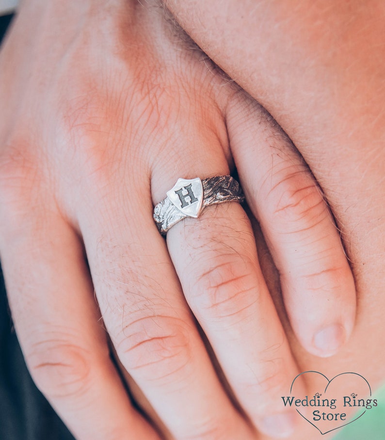 Unique Mens initial Ring with Shield in Silver