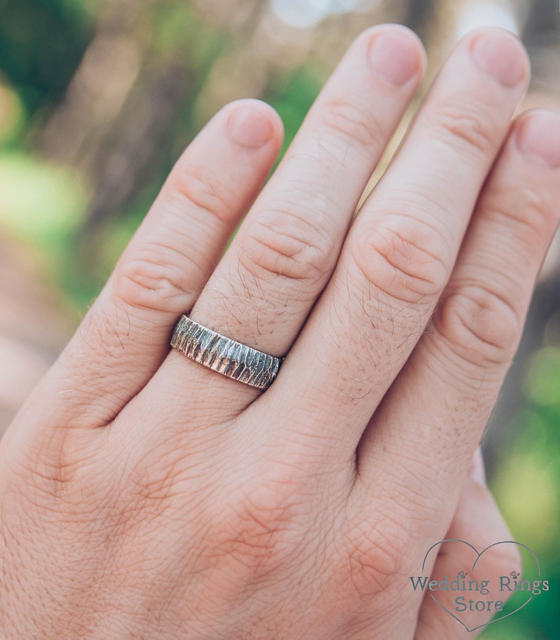 Brutalist Black Woodbark Silver Rustic Men's Wedding Band