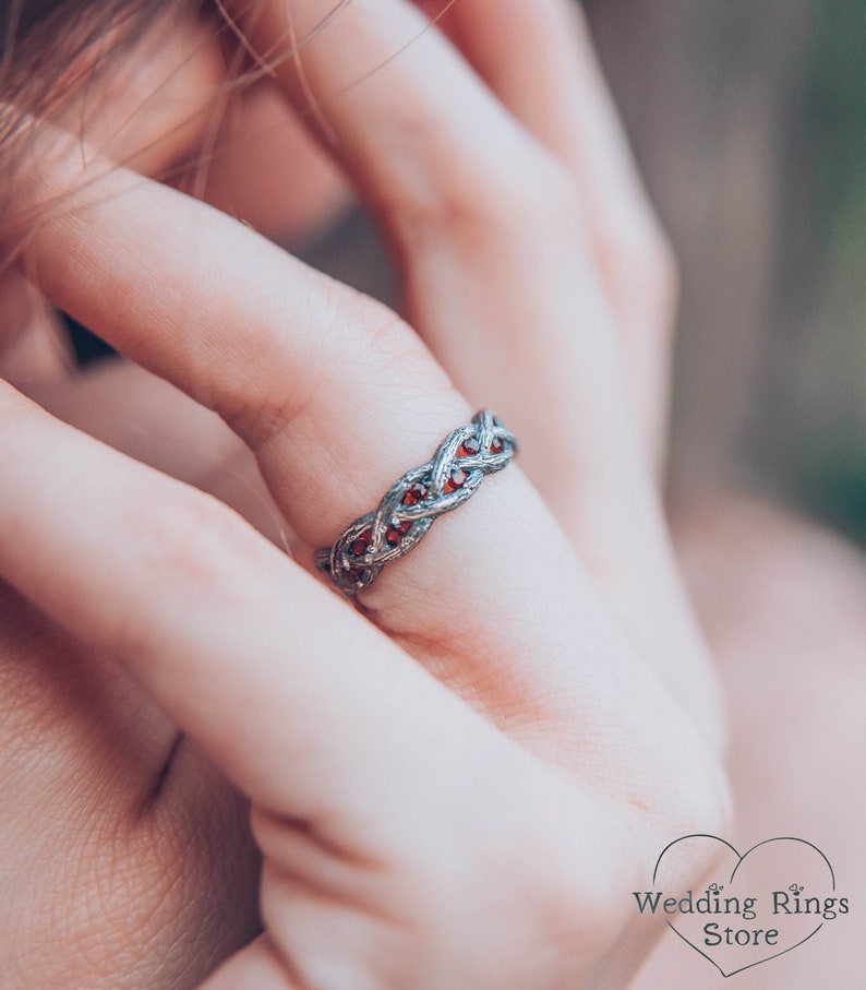 Twist Fine Silver Tree Wedding Band with Garnet