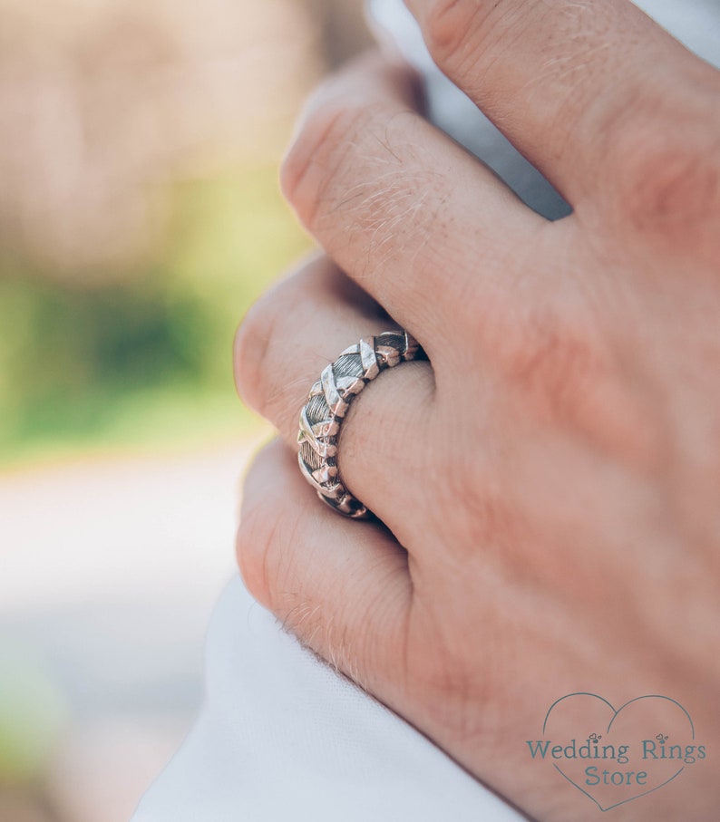 Cross and Tree bark textured Unique Silver Wedding Band