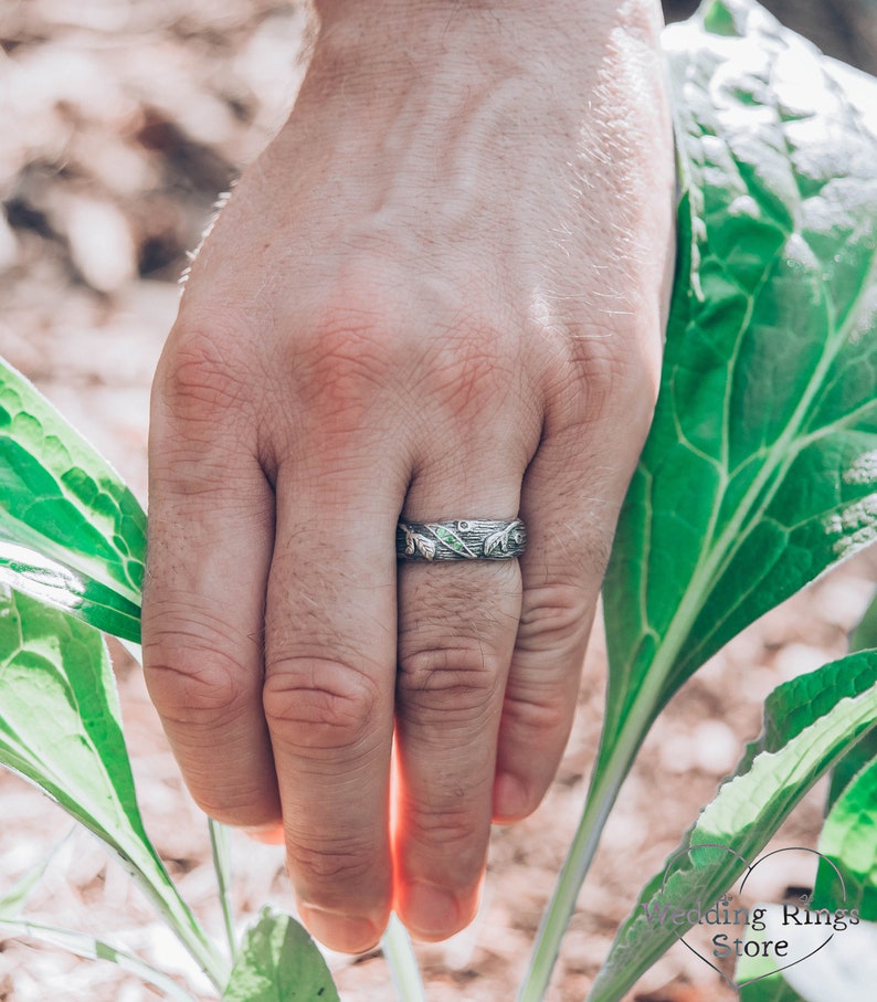 Rustic Style Silver Branch Ring band & Emeralds in Leaves