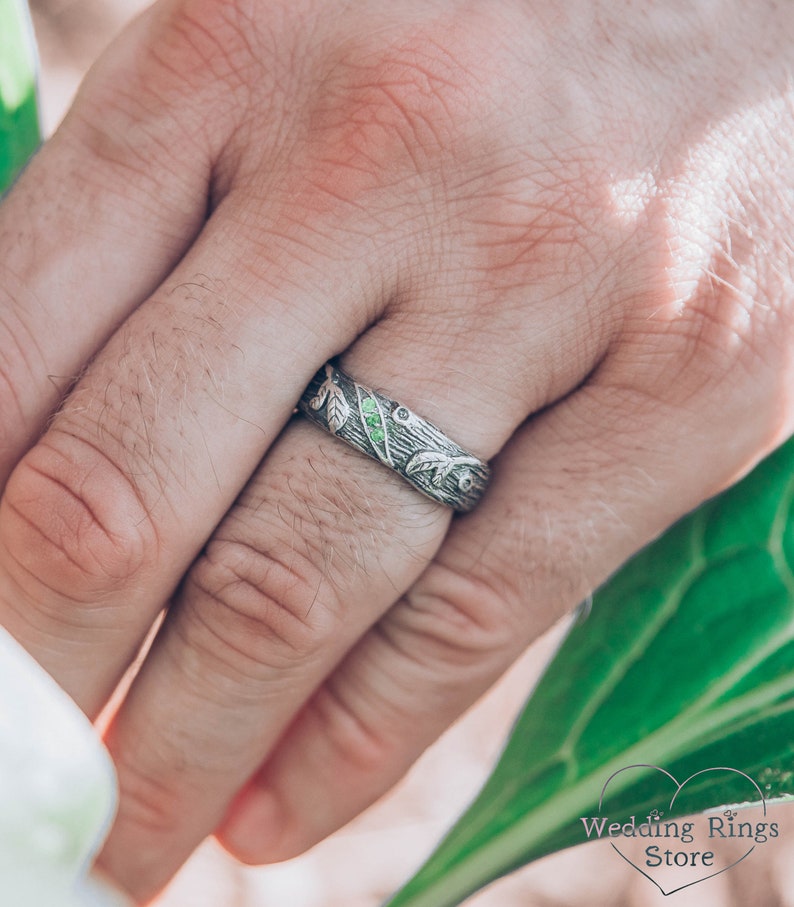 Rustic Style Silver Branch Ring band & Emeralds in Leaves